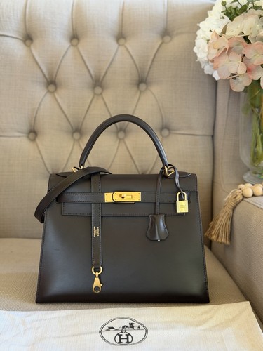Hermès Kelly 28 Ebene GHW Box leather Vintage Stamp D square
