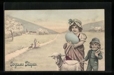 Cartolina d'artista V.K., Vienne n. 4027: Bambini con uovo di Pasqua e agnello 