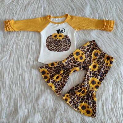 Girls Long Sleeve Top Bell Pants Set Pumpkin Sunflower Leopard Print 2pcs Outfit