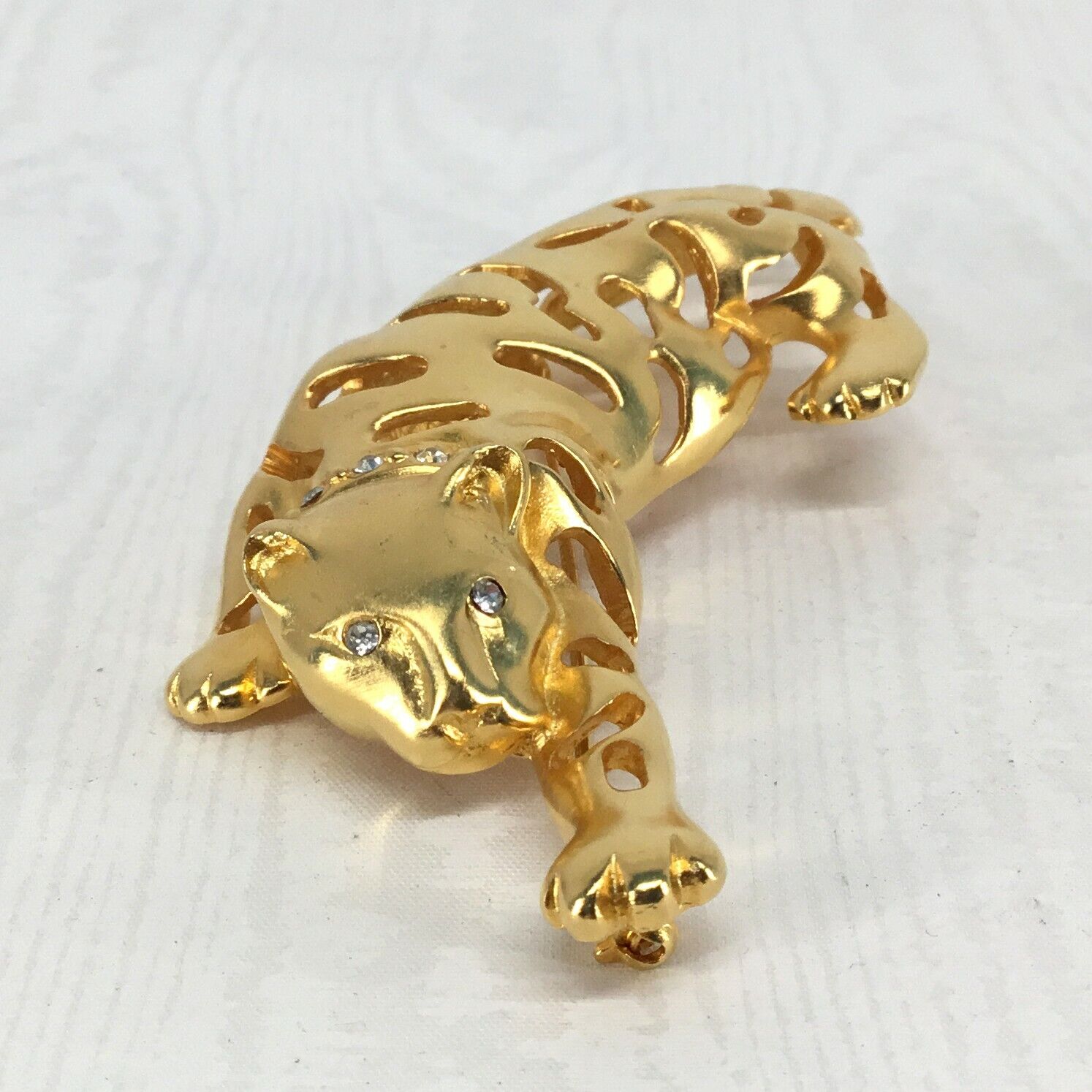 Vintage Crouching Tiger Gold Toned Brooch with Rh… - image 1