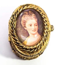 Golden Victorian Revival ornate snuff box cameo lady portrait miniature trinket