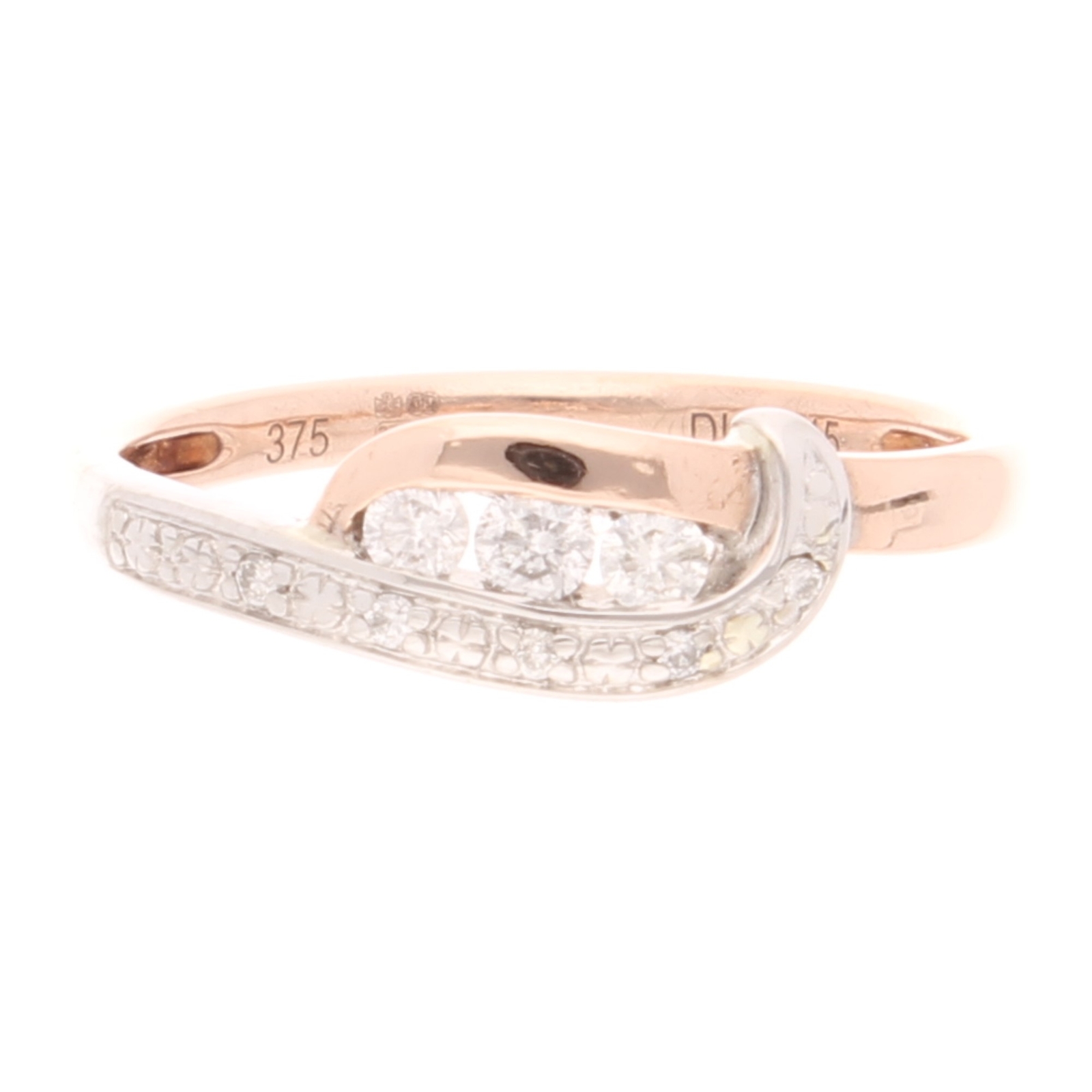 9Carat Rose & White Gold 0.15ct Diamond Three-Stone w/ Accents Ring (Size N)