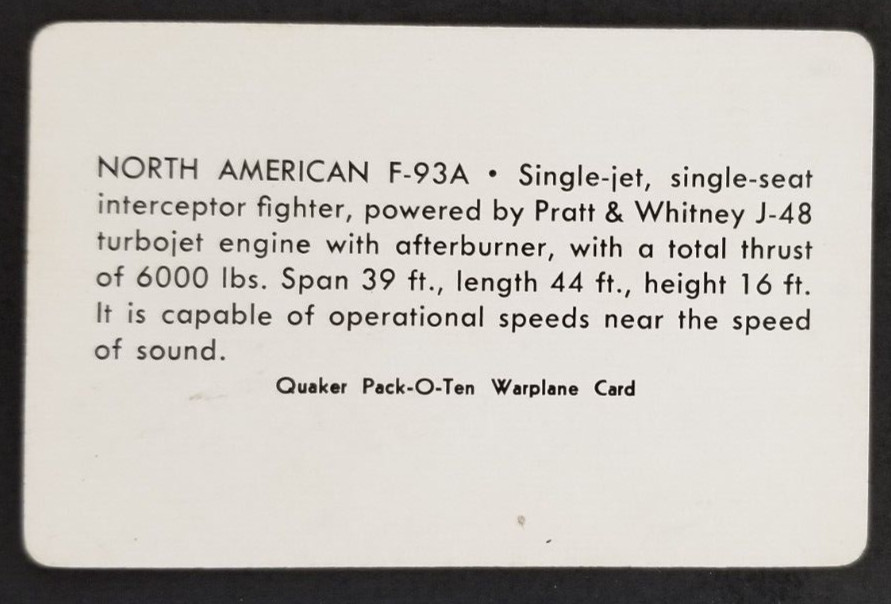 North American F-93A 1957 Quaker Pack-O-Ten War Airplanes Jets Card (NM)