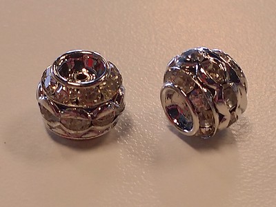 Brass Rhinestone Barrel Beads, Qty 6 - Platinum Color, Clear, about 10x9mm