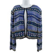 Vintage Blue Silk Beaded Jacket with Geometric Pattern Niteline by Della Roufo