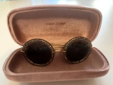 MIU MIU SMU 13N Noir Smoke Pewter Glitter Round Lens Gold Arm Sunglasses