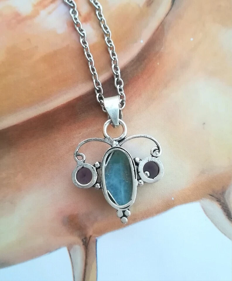 COLLANA CON CIONDOLO DI LARIMAR E AMETISTA, CATENA ARGENTO 925, PIETRE NATURALI - Immagine 3 di 4
