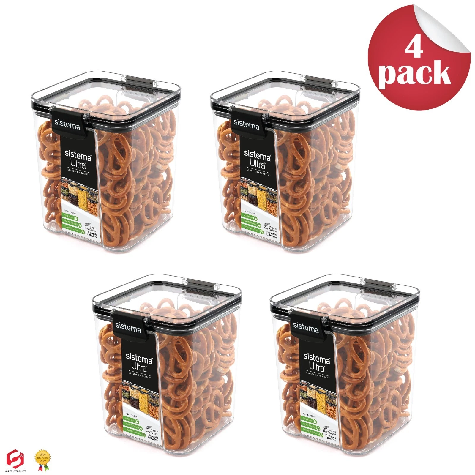 Sistema 4x Stackable Airtight Food Storage Containers Clear with Lids