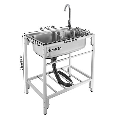 Stainless Steel Single Basin Kitchen Sink Home Laundry Sink with Faucet & Stand