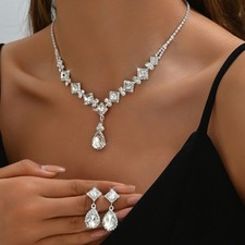 White Bridal Necklace Earring Set, Sparkling Rhinestone Drop Accessories