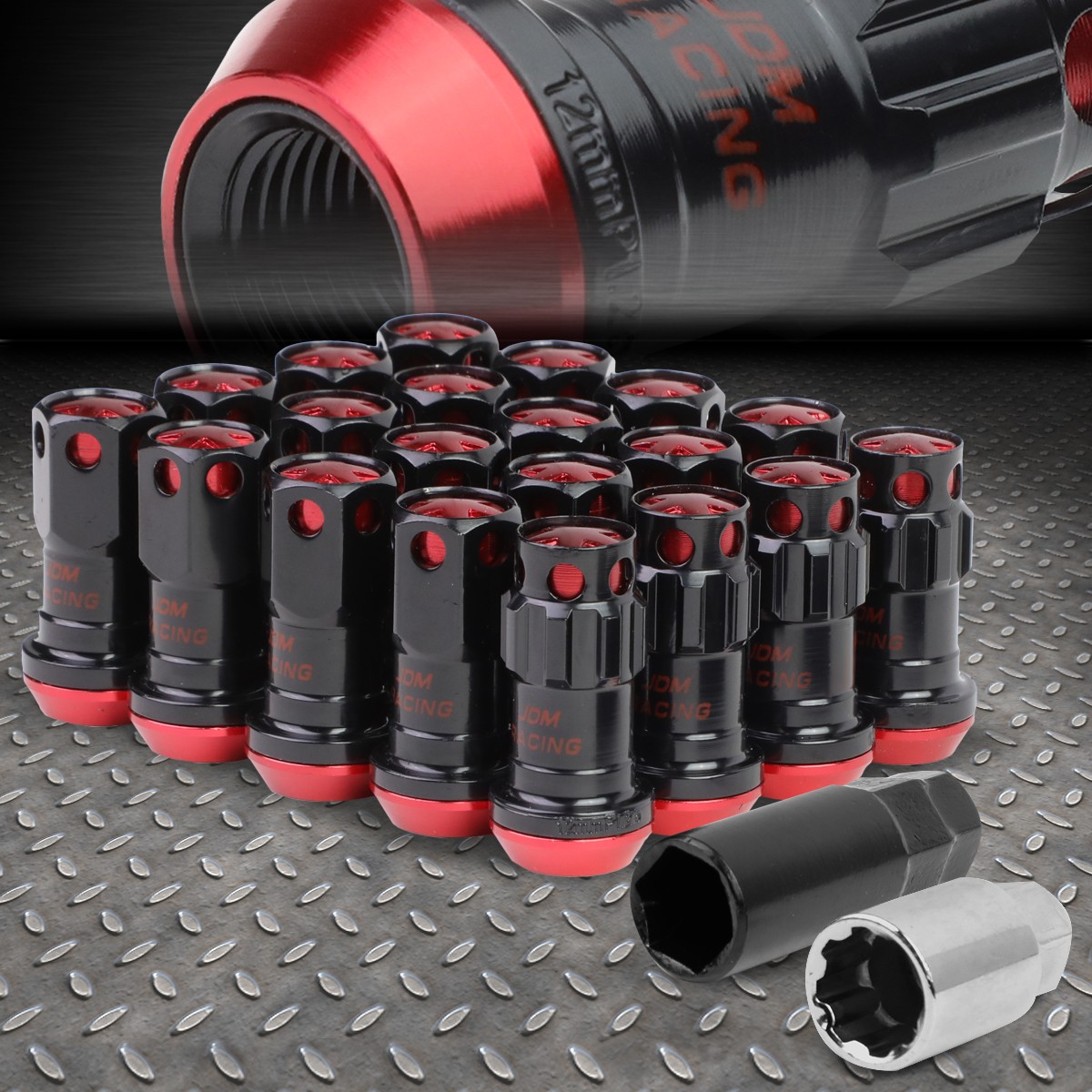 CLOSED END RED ALUMINUM SPLINE 16 WHEEL LUG+4 LOCK NUT+KEY M12X1