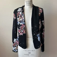 Iris Los Angeles Black Floral Open Front Blazer Long Sleeves Size Large