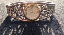 Vintage Women's Quartz Bangle Watch Two-Tone Filigree Cuff Bracelet