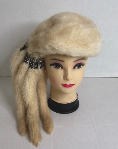 Vintage Irene New York Mink Hat Fur Tail Tassels Ivory Rhinestones Jewel Silver