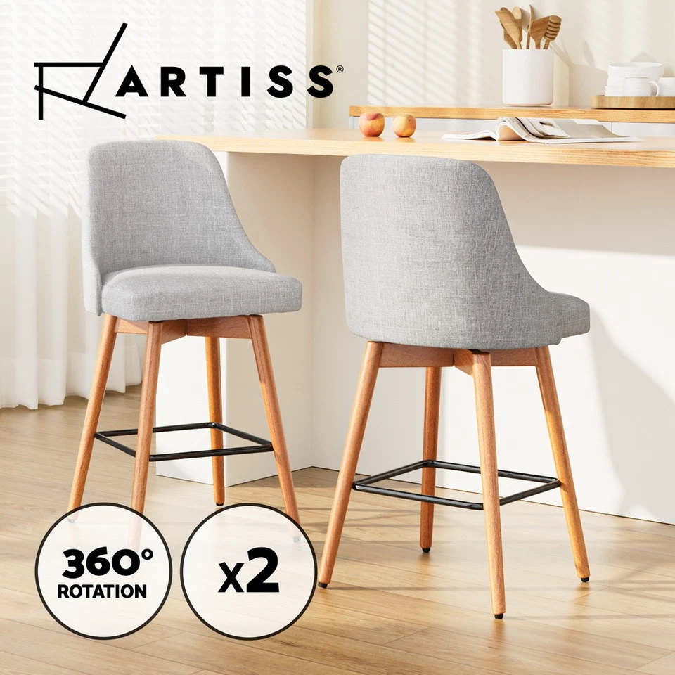 Artiss 2x Bar Stools Kitchen Dining Chairs Swivel Linen Stool Wooden Grey