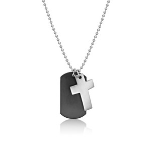 Black Ion Plated Dog Tag and Stainless Steel Cross Pendant - 24 Inch Ball Chain