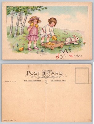 Joyful Easter Children Chicks Rabbit Vintage Postcard MADE IN U.S.A. Series 750A