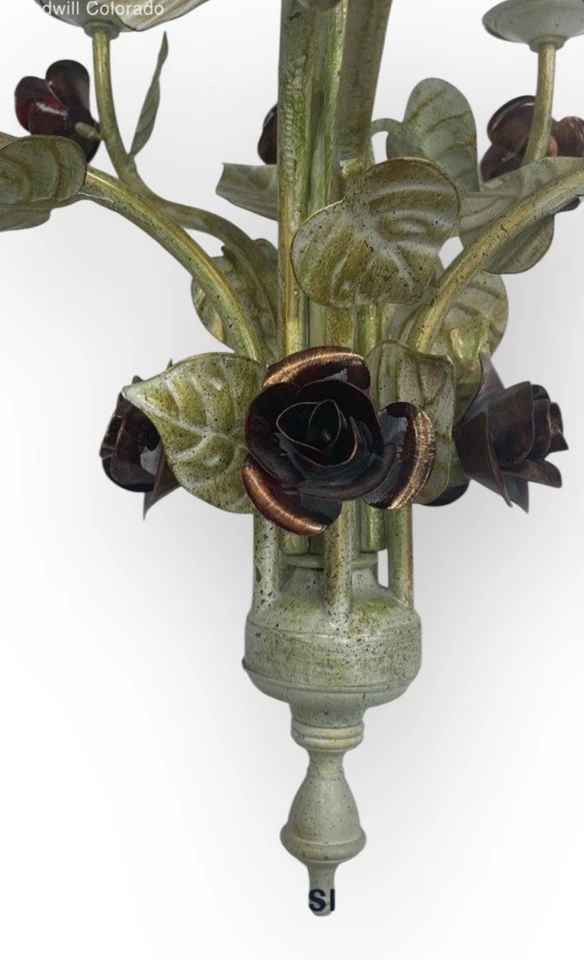 Vtg Italian Tole Chandelier Metal Roses Hanging Light Fixture 5-Lights Reclaimed - Image 4 of 4