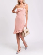 RRP€485 JUST CAVALLI One-Shoulder Dress Size L Pink Knitted Ruffles Logo