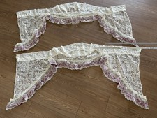 Pair VTG Victorian Lace Window Curtain Swag Valance White Burgundy Cranberry 67”