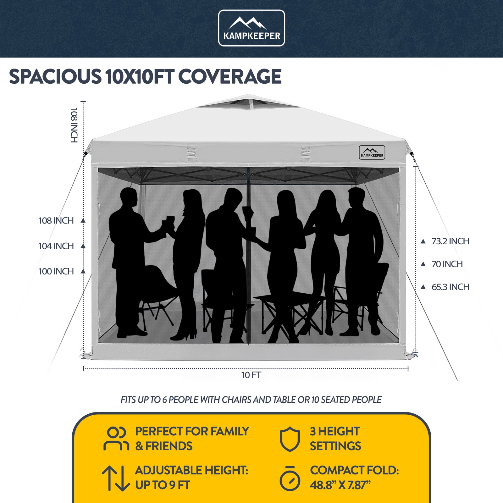 KAMPKEEPER 10x10 Pop Up Canopy Tent with Netting, Outdoor Sun Shade, White