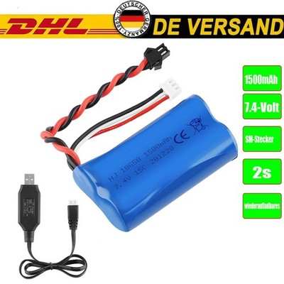Li-Ion Akku 7,4V 1500mAh Batterie SM Stecker mit USB Ladekabel für RC Car Auto