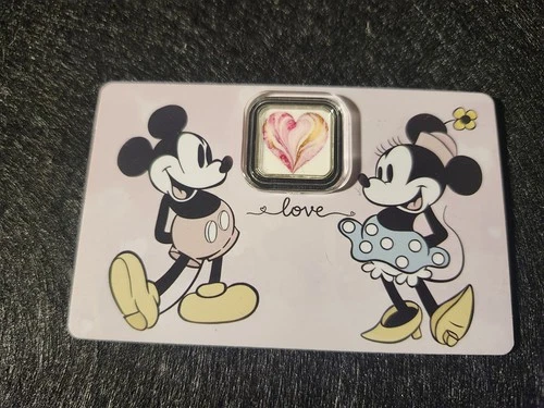 Mickey & Minnie Mouse Love Heart Valentines 1 Gram Silver .999 Bar in Card Fine