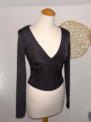 Amisu Crop Top Langarm Corset-Style Grau XS figurbetont #P18