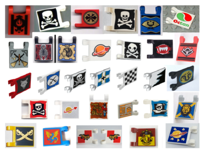 LEGO 2x2 Printed FLAGS ~Cross Shield Crest Jolly Roger Crossbones