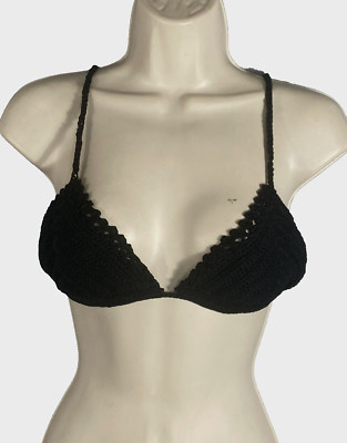 Olivaceous Bralette Womens Large Black Crochet Bikini Top Tie Strap Tassels NWT
