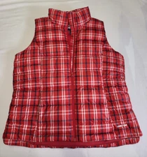 Lands End VEST Womens Large Down Puffer Red Plaid Pockets With Snaps