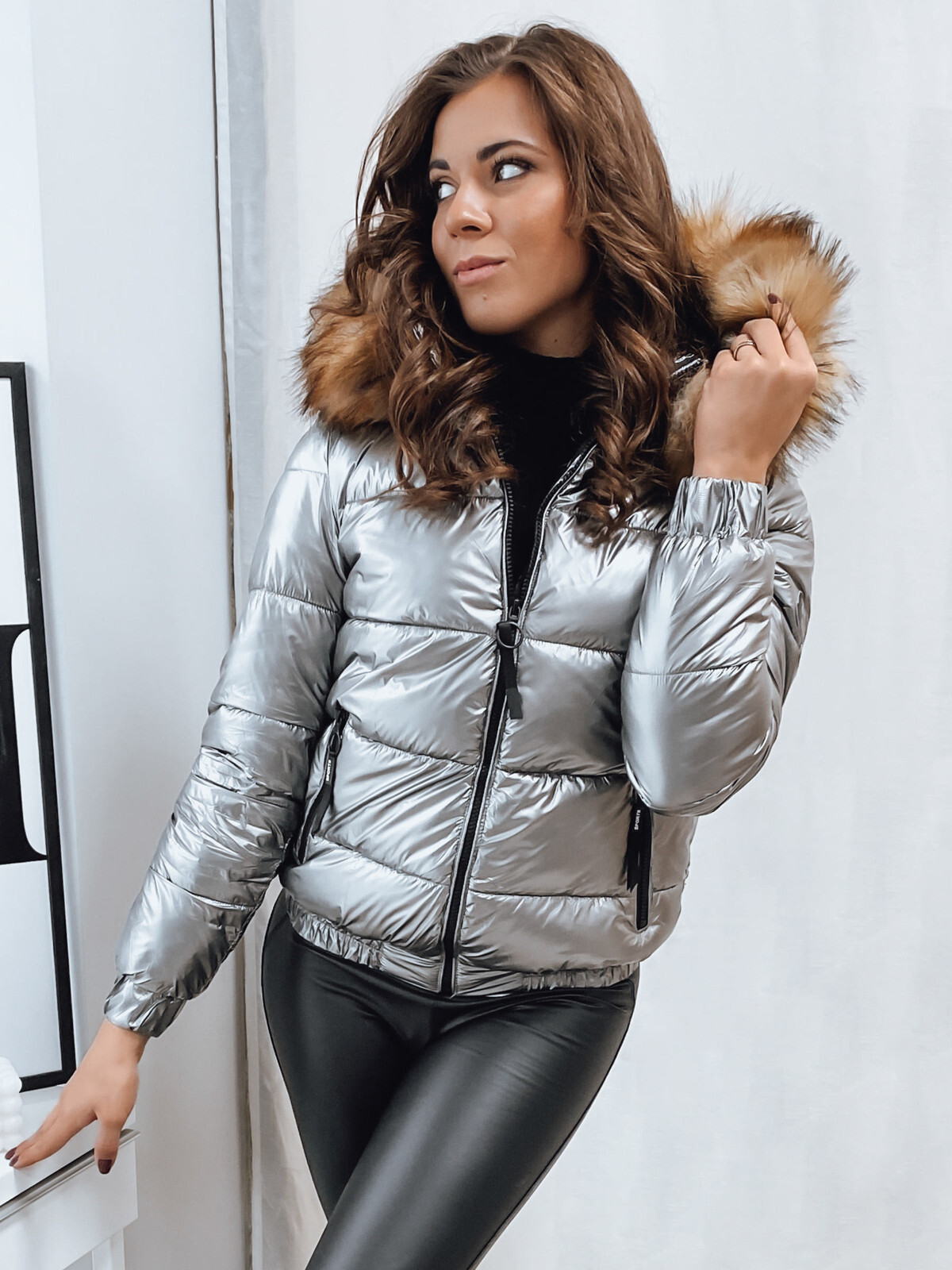 Herren Schwarz/Silber Glänzend Wintermantel Mit Kapuzen Winterjacke