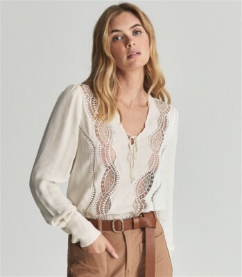 Reiss Faith Damenbluse Satin-Top mit Spitzenbesatz Elfenbein UK-Größe 6