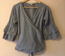 LOFT Women's Checkered Tie-Front Ruffle Bell 3/4 Sleeve Shirt Size XS #p11-86