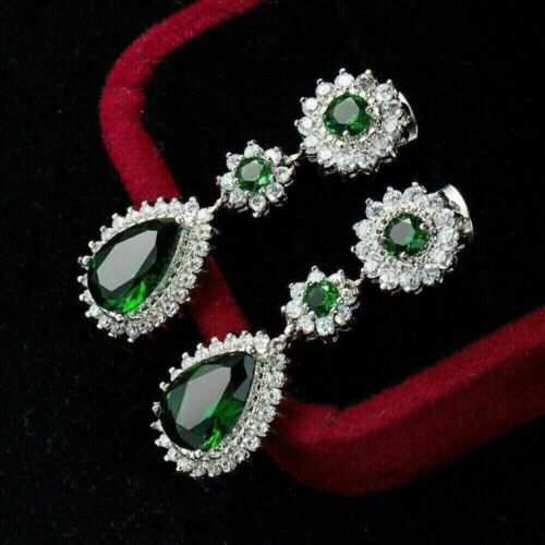 2.50Ct Pear Cut Lab Created Emerald Drop/Dangle Earrings 14K White Gold Plated - Picture 2 of 3