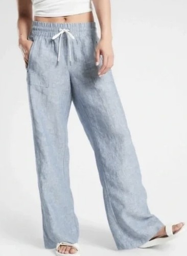 ATHLETA $89 Women's Size 6 "Cabo Linen Wide Leg Pant" Light Blue, 100% Linen