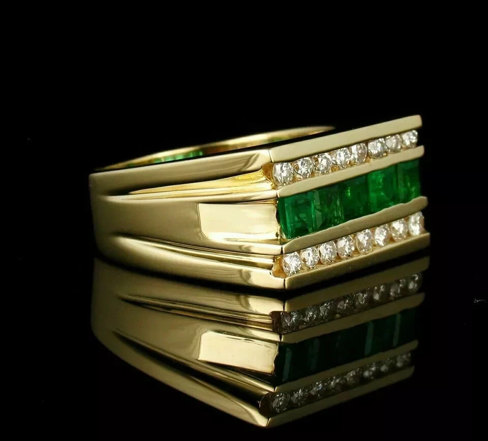 Anillo de boda para hombre de oro de 14 quilates con diamantes y esmeraldas de corte princesa de 2,45 quilates FN Foto 2 de 4