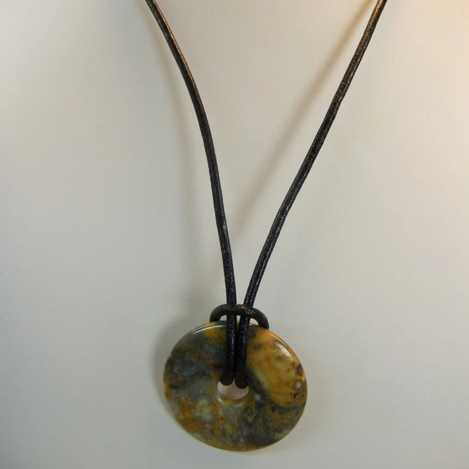 Collar de cordón de cuero gris, naranja, crema ágata 1 3/16" donut piedra 18" nuevo #46 Foto 2 de 4