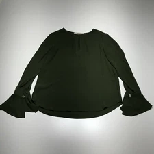 Loft Petites Blouse Womens Sz XXSP Green Keyhole Front Long Sleeve Ruffled Cuff