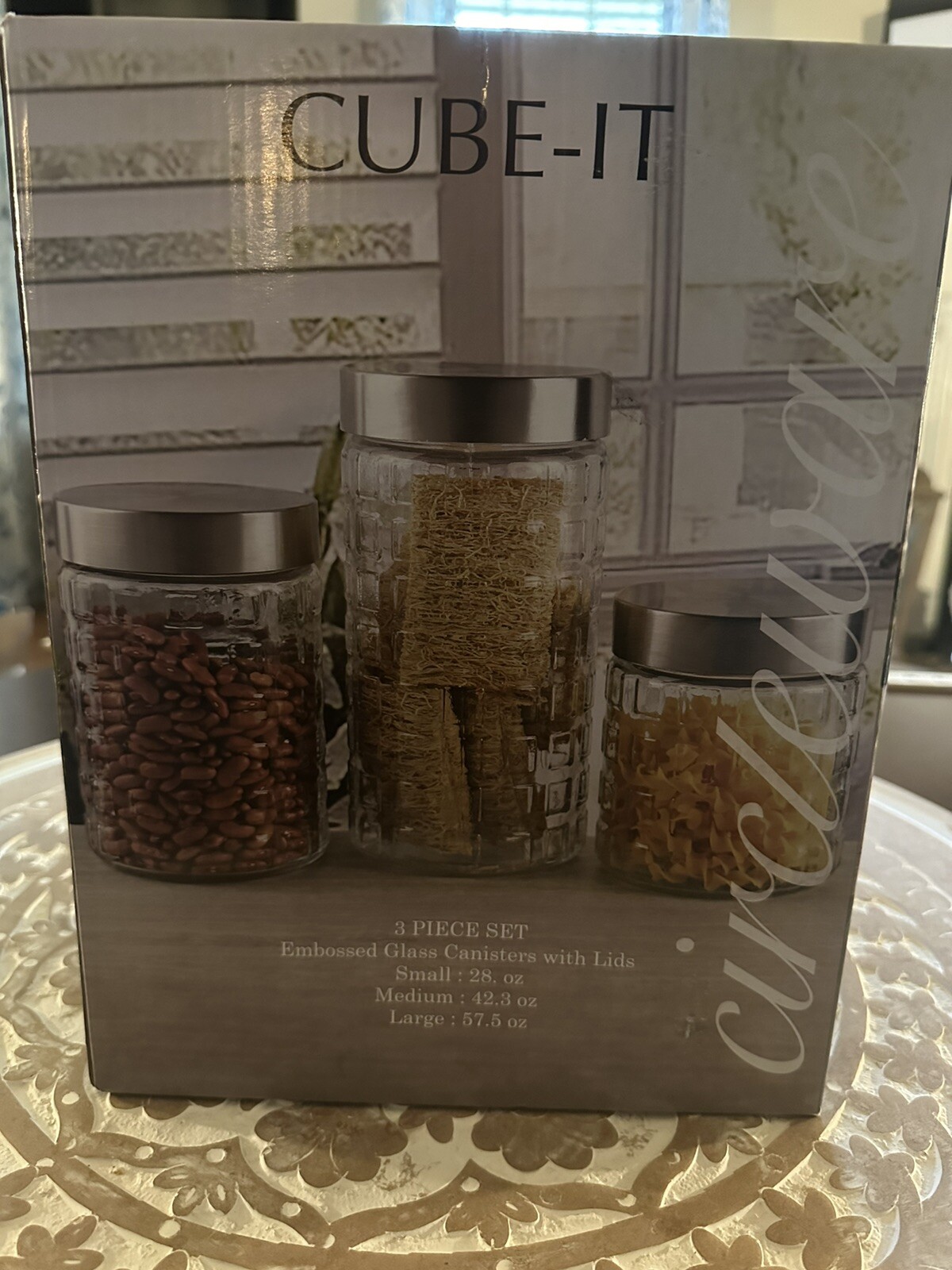 NEW - 3 Pc. Circleware Embossed Glass Canister Set  & Stainless Screw On Lids