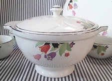RARE HTF VTG HALL CHINA CO. CROCUS ART DECO CLOVER FLOWER SOUP TUREEN