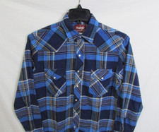 Vintage Wrangler Mens Blue Plaid Flannel Pearl Snap Western Shirt sz M Slim