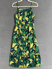 Old Navy Dress S Navy Yellow Linen Banana Tropical Fruit Smocked Midi Sundress