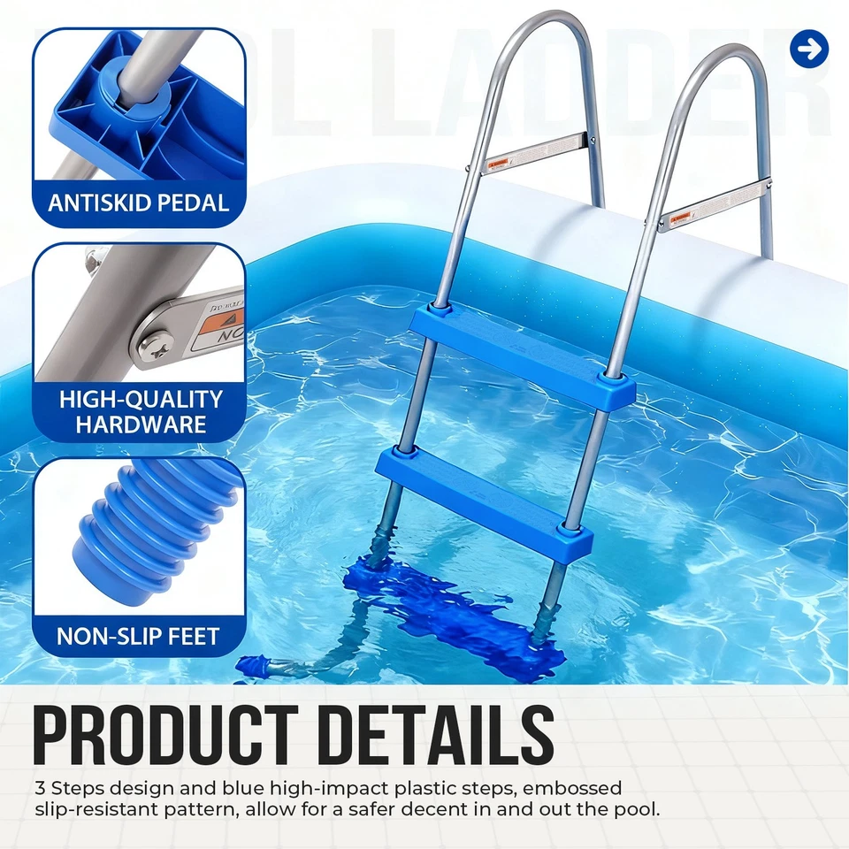 Escalera de piscina sobre el suelo con marco de acero para patio trasero exterior de 36" y 3 pasos Foto 4 de 4