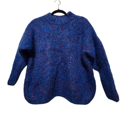 Hand Knit Womens Pullover Sweater LG Blue Tweed Bright Colorful Soft Handmade