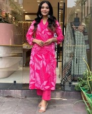 Women Pink Cotton Kurti Pant Set Printed Casual Ethnic Co Ord Outfit