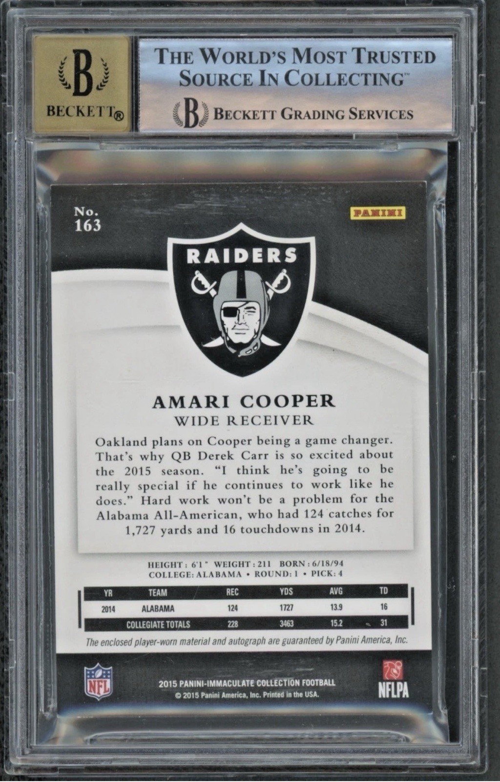2015 Panini Immaculate #163 Amari Cooper Shield 1/1 Rookie Patch Auto BGS 8.5 view 2
