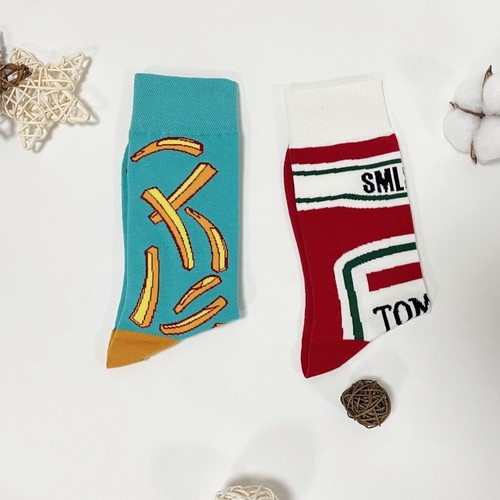 Fun Mismatched Socks French Fries and Ketchup Bottle Print Colorful Novelty Crew - Picture 3 of 8