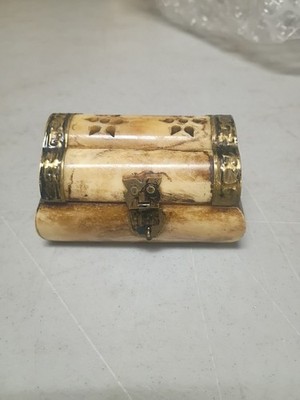 vintage, handcrafted camel bone and brass hinged  jewelry box from India