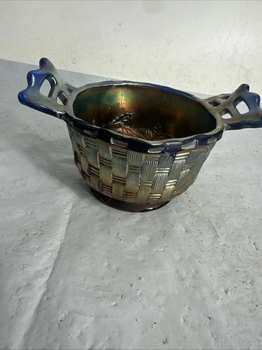 Vintage Fenton Carnival Glass Basket Weave Bowl Black Berry Purple